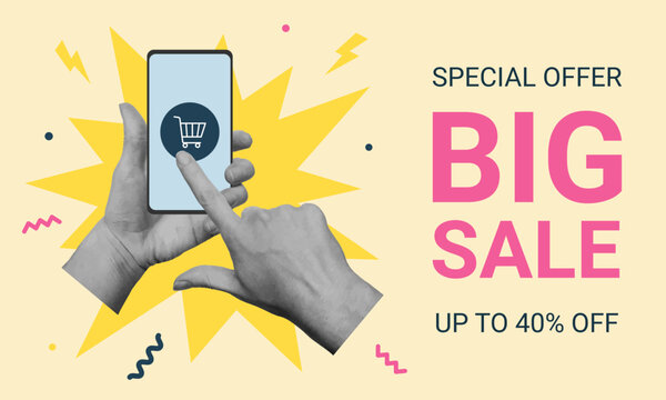 Shopping sale banner with cut out hands holding smartphone. Template for flyer, banner, poster. Vector illustration
