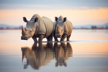 Obraz premium rhinos reflection in calm lake at dusk