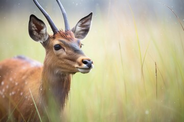 dew-covered grass with roan antelope in background - obrazy, fototapety, plakaty