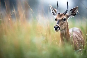Fototapeten dew-covered grass with roan antelope in background © studioworkstock