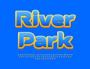 Vector creative flyer River Park. Blue and Yellow Creative Font. Bright Alphabet Letters and Numbers set. 