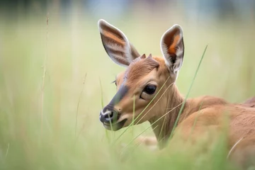 Foto op Canvas roan antelope calf lying in grass © studioworkstock