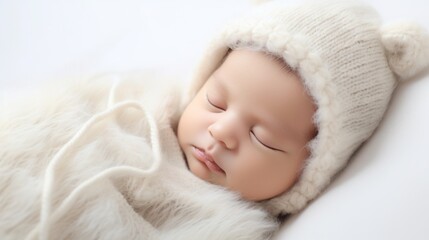 Close-up of a cute newborn sleeping baby on a white background. Studio professional portrait. New life, family and children concepts, copy space.