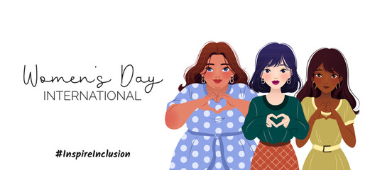 Inspireinclusion. 2024 International Women's Day. Horizontal banner with young diverse ethnicity women showing sign of heart with their hands. Vector design for poster, campaign, social media post.