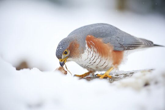 sparrowhawk in snowy setting with rodent prey