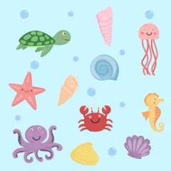 Fotobehang In de zee set of sea animals and sea shells 