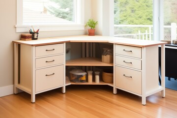 modular corner desk with built-in drawers and shelves