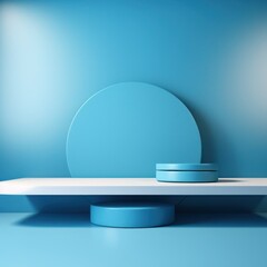 blue table top surface and wall blank interior for product presentation