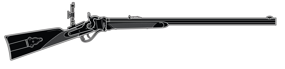 Vector illustration of the Sharps rifle with a diopter on the white background. Black. Right side.