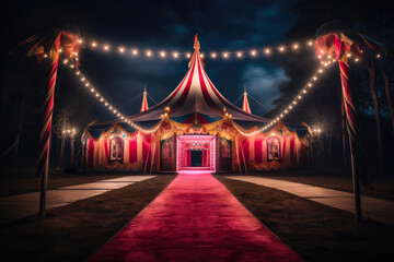 Outside the Big Top: Festive Circus Tent Entry at Night