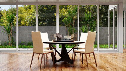 3d, architecture, background, bright, chair, clean, comfortable, construction, contemporary, dining room, cushion, decoration, design, digitally generated image, empty, floor, furniture, home, house, 