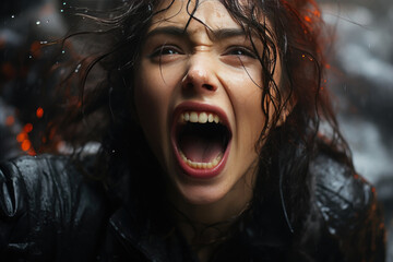 Stormy Outburst: Woman's Angry Cry - obrazy, fototapety, plakaty