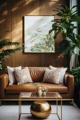 Obraz premium brown leather sofa in a room with plants