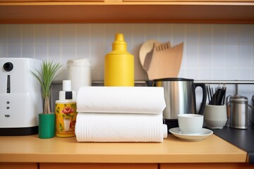 roll of paper towels and cleaner on a shelf for spills