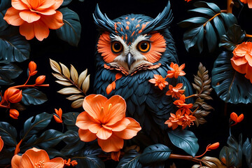 an owl sitting on a branch with flowers - obrazy, fototapety, plakaty