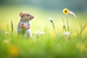 Naklejka na ściany i meble young vole exploring near a dandelion in field