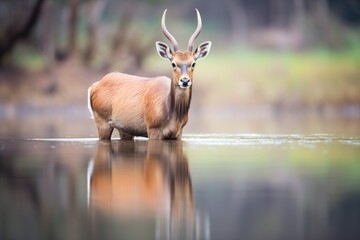 lone waterbuck reflected in calm water