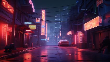 A deserted street in a cyberpunk city with a car in the center