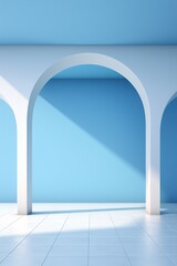 Vertical architecture background. Passage arch with white pillars with blue wall on a background