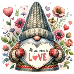Cute gnome in a knitted hat with a heart sign all yo need is love, with flower in background. Watercolor illustration