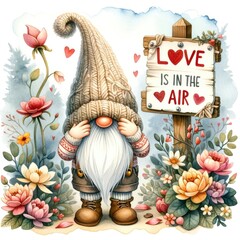 Greeting card with cute gnome -  Love's in the air. Watercolor illustration.