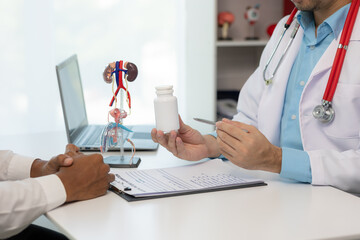 Close-up during consultation of a male patient suspected of having bacterial prostatitis. Prostate...