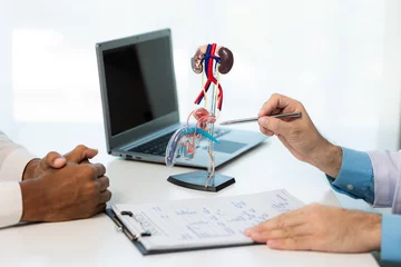 Foto op Canvas Close-up during consultation of a male patient suspected of having bacterial prostatitis. Prostate disease and treatment Anatomical model of the male reproductive system in the hands of a doctor. © Witoon