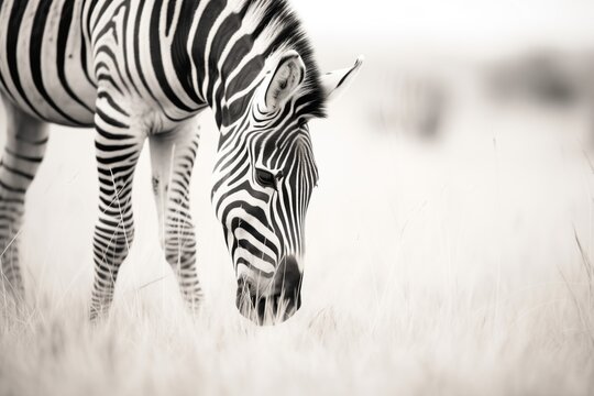black and white image of grazing zebra
