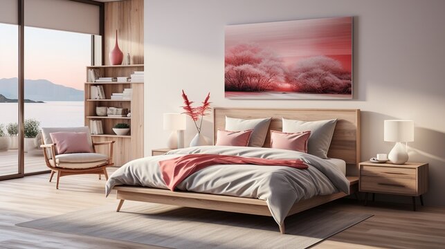 Modern bedroom interior with pink accents and a large painting of pink trees