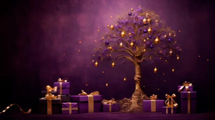 Fototapeten festive luxe backdrop featuring ornate Christmas tree adorned with gold bows, twinkling lights stands surrounded collection of elegantly wrapped purple, gold gifts. Luxury gift elegant favors. Banner © stateronz