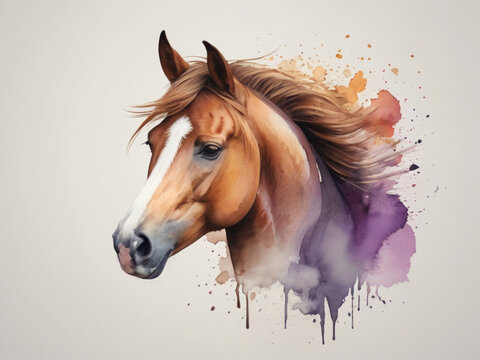  Watercolor portrait of a horse with splashes of paint on a white background ai image