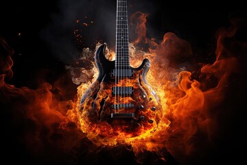 An orange guitar burns with a hot flame on a black background. Rock metal punk background - obrazy, fototapety, plakaty