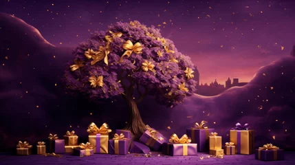 Fototapeten festive luxe backdrop featuring an ornate Christmas tree adorned with gold bows, twinkling lights stands surrounded by collection of elegantly wrapped purple, gold gifts. Luxury gift elegant favors © stateronz