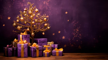 Fototapeten festive luxe backdrop featuring ornate Christmas tree adorned with gold bows, twinkling lights stands surrounded collection of elegantly wrapped purple, gold gifts. Luxury gift elegant favors. Banner © stateronz