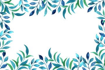 Winter garden leaves frame hand drawn in watercolor. Watercolor illustration of a blue and green leafy background. Template for wedding invitation, greeting card.