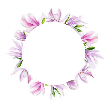 Hand-drawn watercolor floral frame with pink delicate flowers, leaves and buds. Watercolor illustration isolated on white background. Wreath for decoration of wedding invitations, cards, packaging.