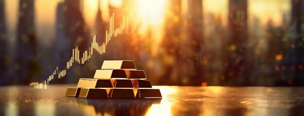 Gold bars in focus with an upward trend graph against a city skyline at sunset. The precious metal shines, hinting at wealth. The bullion's luster suggests a positive market trend in the economy. - obrazy, fototapety, plakaty