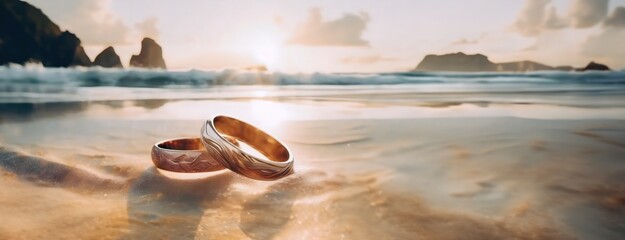 Golden wedding rings rest on the shore, washed by gentle sea waves at sunset. Propose Day background. Soft sands and the lapping waves, two wedding bands stand testimony to a promise of forever. - obrazy, fototapety, plakaty