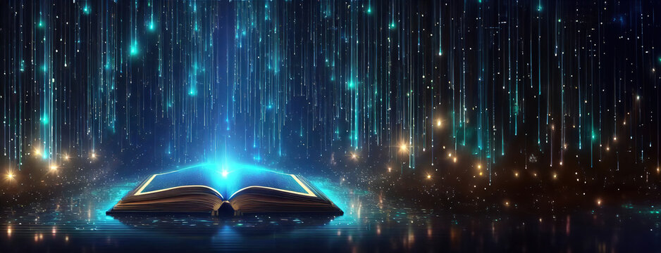 Mystical Tome: An Open Book Glowing with Celestial Light. Mesmerizing shower of light, evoking a sense of magical wisdom and the infinite universe of knowledge. Panorama, copy space. World poetry day.