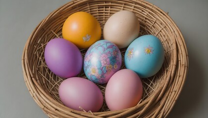 Fototapeta na wymiar Woven basket full of pastel colored colorful Easter eggs: Happy Easter background with copy space for text