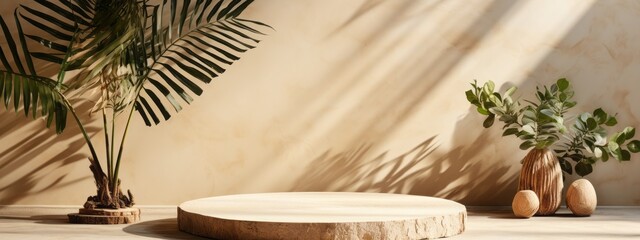 Podium wood background product wooden 3D display green platform stage stump flower. Wood podium garden pedestal background spring field plant tree wall shadow summer board jungle log brown leaves view