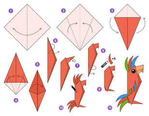 Fototapeta na wymiar Macaw parrot origami scheme tutorial moving model. Origami for kids. Step by step how to make a cute origami bird. Vector illustration.