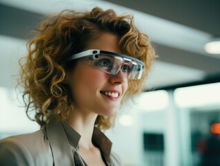 close up of woman in glasses with virtual screen, girl trying on smart glasses.
