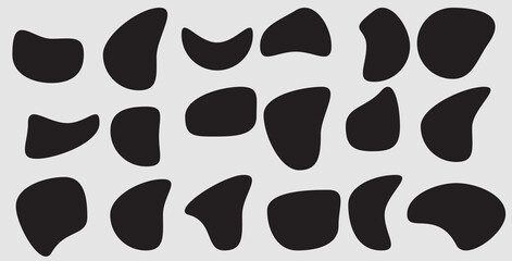 Blob shape organic set. Random black cube drops simple shapes. Pebble, inkblot, drops and stone silhouettes. Collection of paint liquid black blotch spot irregular form 111 - obrazy, fototapety, plakaty