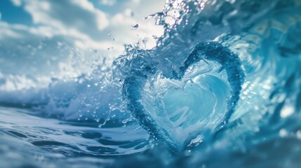 a heart of blue surrounded by waves, in the style of love and romance, rollerwave, romantic emotion
