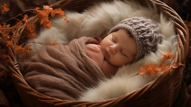 A professional newborn photo shoot of a cute sleeping baby wearing a knitted hat and lying in a basket with fur on a black background. New life, family and children concepts.