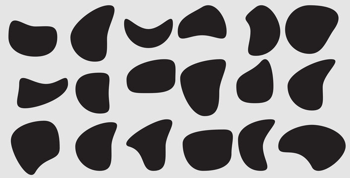 Blob shape organic set. Random black cube drops simple shapes. Pebble, inkblot, drops and stone silhouettes. Collection of paint liquid black blotch spot irregular form 111