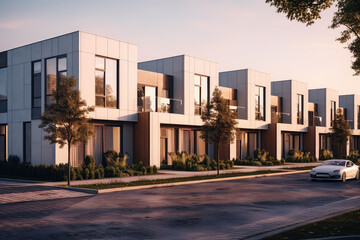 The beauty of modern living with these modular townhouses, featuring a minimalist architectural style and clean design in a luxurious urban setting.
