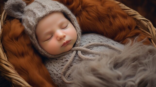 A professional newborn photo shoot of a cute sleeping baby wearing a knitted hat and lying in a basket with fur. New life, family and children concepts.