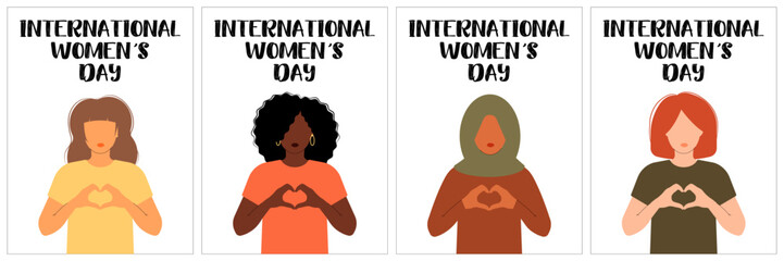 International Women s Day set posters. 8 march. Campaign 2024 inspireinclusion. Diverse race group of women hands gesture as heart shape to stop gender discrimination. Flat vector illustration